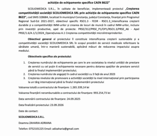 Anunt incepere proiect SCOLIOMEDICA SRL